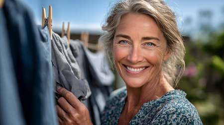 Portrait of smiling mature woman looking at camera while standing in laundryの素材