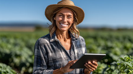 Portrait of smiling female agronomist using digital tablet in fieldの素材
