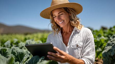 Portrait of smiling woman using digital tablet in field on a sunny dayの素材