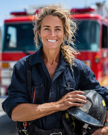 Portrait of firefighter woman with helmet standing in front of fire engineの素材