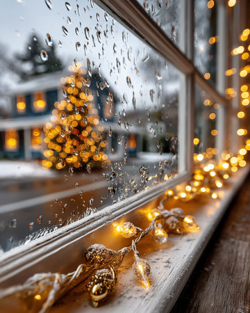 christmas decoration on the window with snow and bokeh backgroundの素材