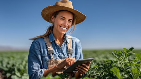 Portrait of happy farmer using digital tablet while standing in potato fieldの素材