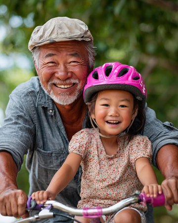 Happy asian grandfather and his little daughter riding bicycle in the parkの素材