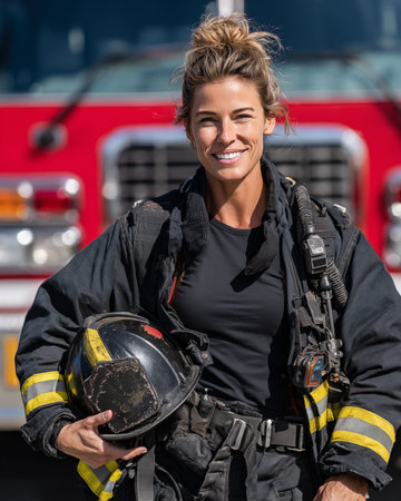 Portrait of a firefighter woman standing in front of a firetruckの素材