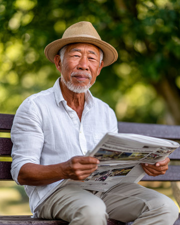 Senior man reading newspaper in the park. Portrait of senior male reading newspaper outdoors.の素材
