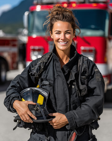 Portrait of a female firefighter smiling at the camera in front of a fire engineの素材