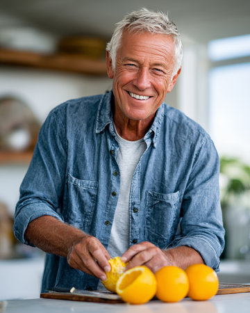 Portrait of smiling mature man cutting orange in the kitchen at homeの素材