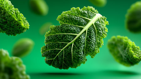 Leaf of savoy cabbage on green background. Healthy food conceptの素材