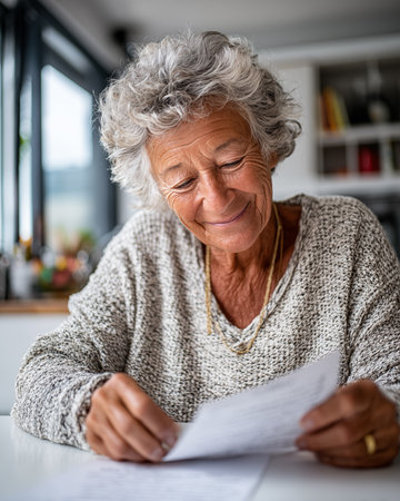 Elderly woman reading a document in the kitchen at home.の素材