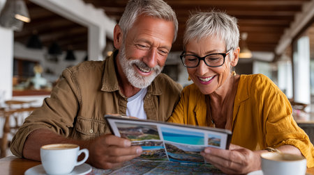 Senior couple looking at map while having coffee in a coffeeshopの素材