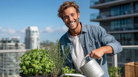 Portrait of smiling young man watering plants on terrace at homeの素材