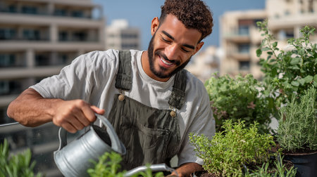 Portrait of a happy young man watering plants in the garden.の素材