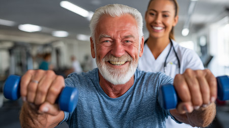 Portrait of smiling senior man exercising with dumbbells in fitness studioの素材