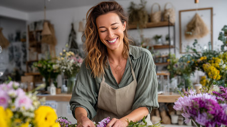 Portrait of happy florist making bouquet in flower shopの素材