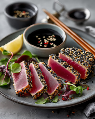 Tuna steak with sesame seeds and soy sauce on a gray backgroundの素材