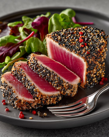 Grilled tuna steak with black sesame seeds and salad on gray backgroundの素材