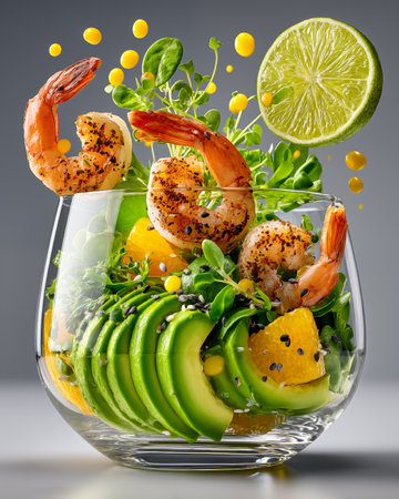 Shrimp salad with avocado, mango and sesame seeds in glass bowlの素材