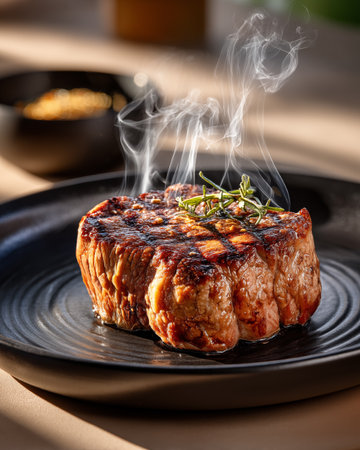 Steak on a black plate with smoke on a wooden table.の素材