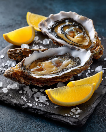 Fresh oysters with ice and lemon on black slate plate over blue stone backgroundの素材