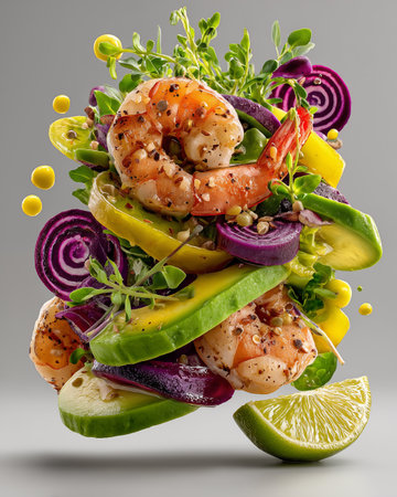 Salad with shrimps, avocado and vegetables on a gray backgroundの素材