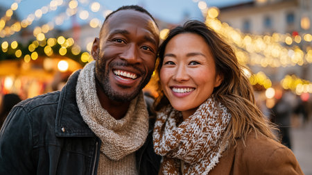 Portrait of cheerful multiethnic couple looking at camera on Christmas marketの素材