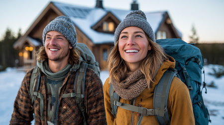 Portrait of happy couple with backpacks standing in front of house during winter vacationの素材