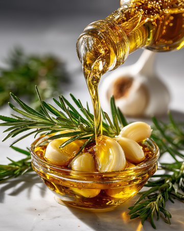 Garlic oil with rosemary on a white background. selective focusの素材