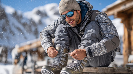 A young man in a ski suit and sunglasses is sitting on a wooden platform in the mountains.の素材