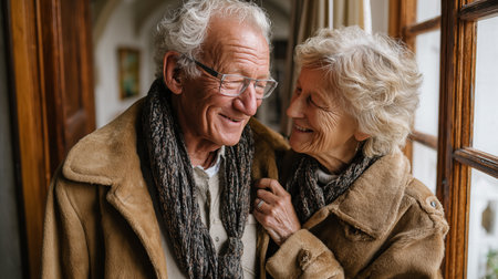 Smiling senior couple embracing each other while standing near window at homeの素材