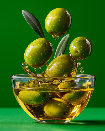 Green olives in a glass bowl with olive oil on green backgroundの素材