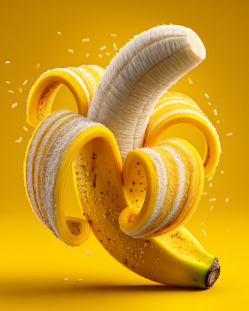 Banana split into two halves on a yellow background. 3d renderingの素材