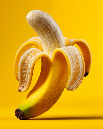 Ripe banana on a yellow background. Minimalistic style.の素材