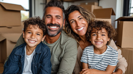 Portrait of happy family sitting in new house with boxes on backgroundの素材