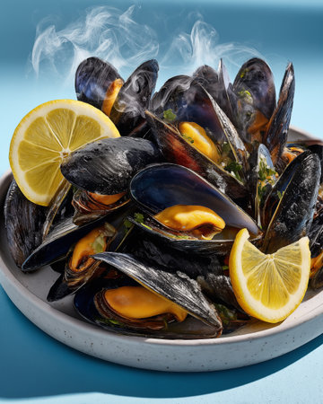 Mussels with lemon and parsley in a plate on a blue backgroundの素材