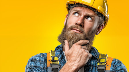 Portrait of a handsome mature male construction worker thinking and looking up over yellow backgroundの素材