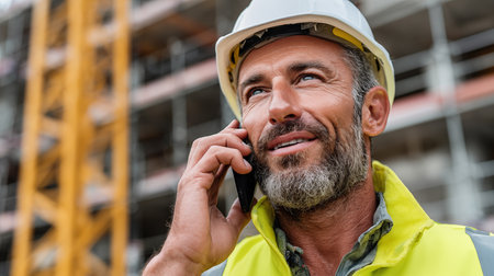 Portrait of mature engineer talking on mobile phone while standing at construction siteの素材