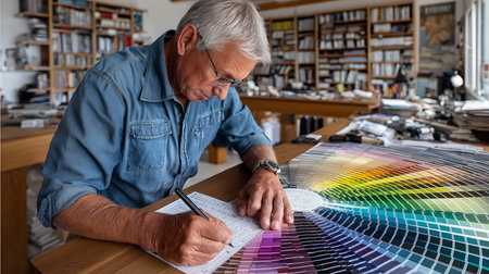 Architect working with color samples at his desk in his office.の素材