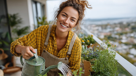 Portrait of smiling young woman watering flowers on terrace at homeの素材