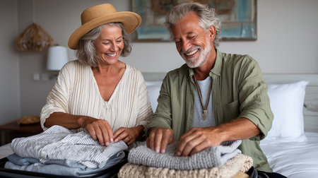 Happy senior couple packing suitcases in bed at home in the bedroomの素材
