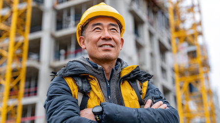 Portrait of mature Asian engineer standing with arms crossed at construction siteの素材