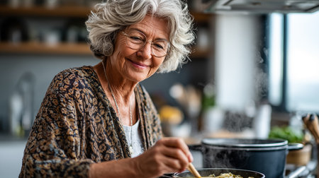 Portrait of senior woman cooking in kitchen at home.の素材