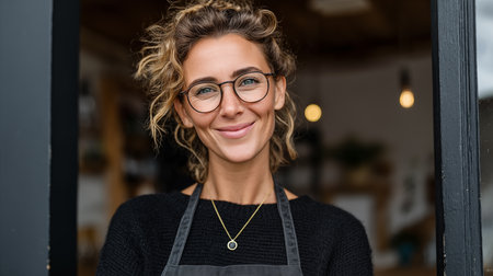 Portrait of smiling female barista in apron looking at cameraの素材