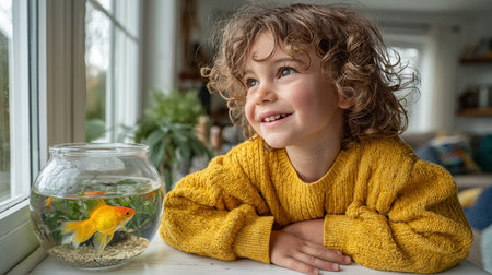 Portrait of a little boy with curly hair in a yellow sweater looking at a goldfish in a glass aquariumの素材