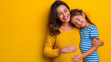 Portrait of a beautiful mother and daughter hugging on a yellow backgroundの素材