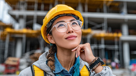 portrait of young woman engineer in helmet and glasses on construction siteの素材