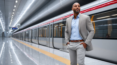 African american businessman standing in subway station and looking at camera.の素材