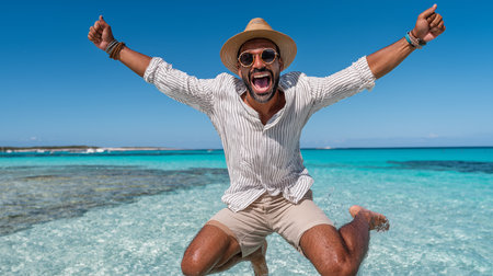 Happy man jumping on the beach with his arms outstretched in the airの素材