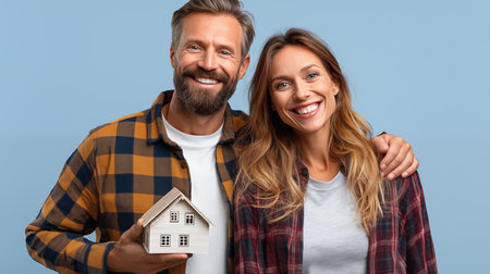smiling couple with house model isolated on blue, real estate conceptの素材