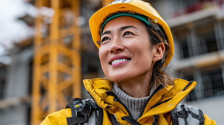 Portrait of smiling female engineer in yellow helmet looking away at construction siteの素材