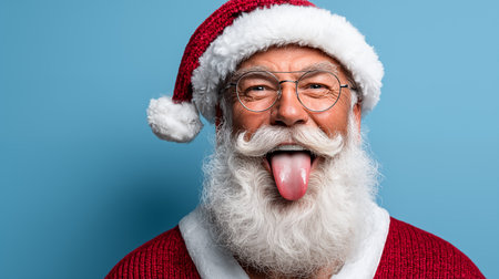Portrait of a senior man with long white beard and mustache wearing santa claus hat and eyeglasses showing tongue isolated over blue backgroundの素材